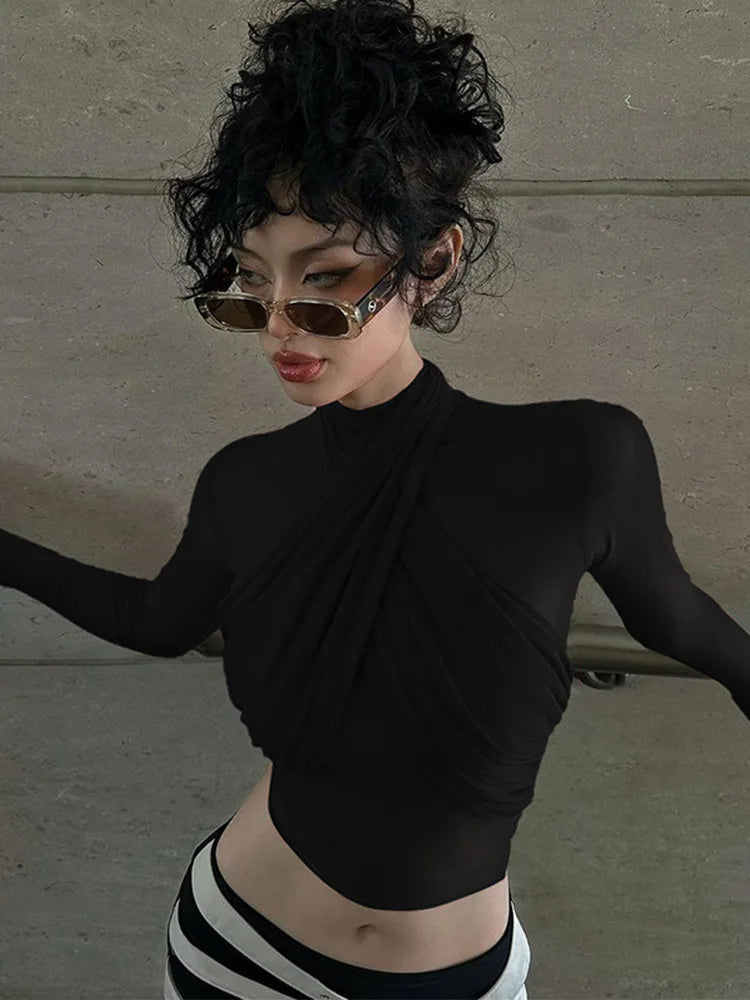 2024 Red Mesh Turtleneck Crop Top Long Sleeve Sexy Club