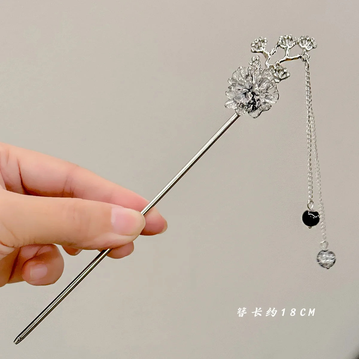 Elegant Ink Flower Tassel Hairpin Forks for Women - Modern Hanfu Hair Jewelry with Black Beads Fringe