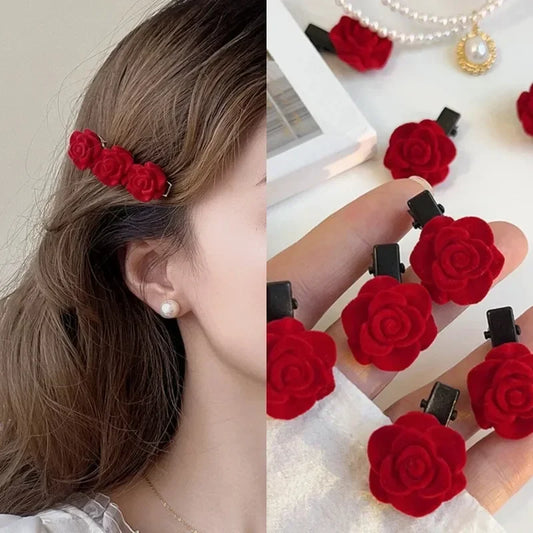 Velvet Rose Hairpins Set for Women and Girls - Elegant Red Flower Hair Clips for Weddings and Special Occasions