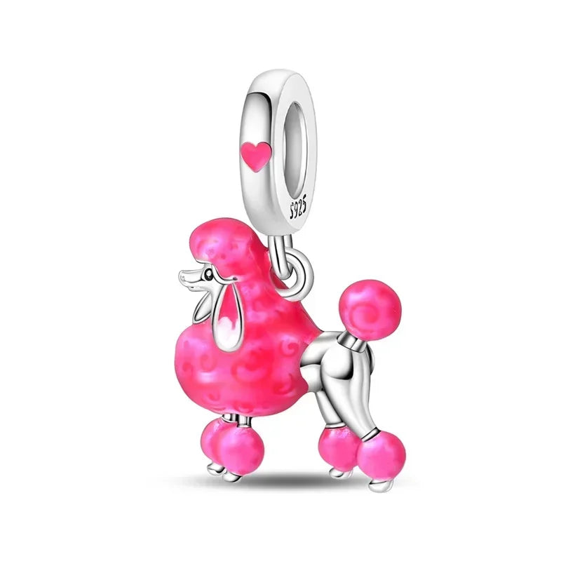 Sterling Silver Pink Blossom Dangle Charm with Butterfly Heart Flower Rose and Bird Bead for DIY Necklace and Bracelet Jewelry