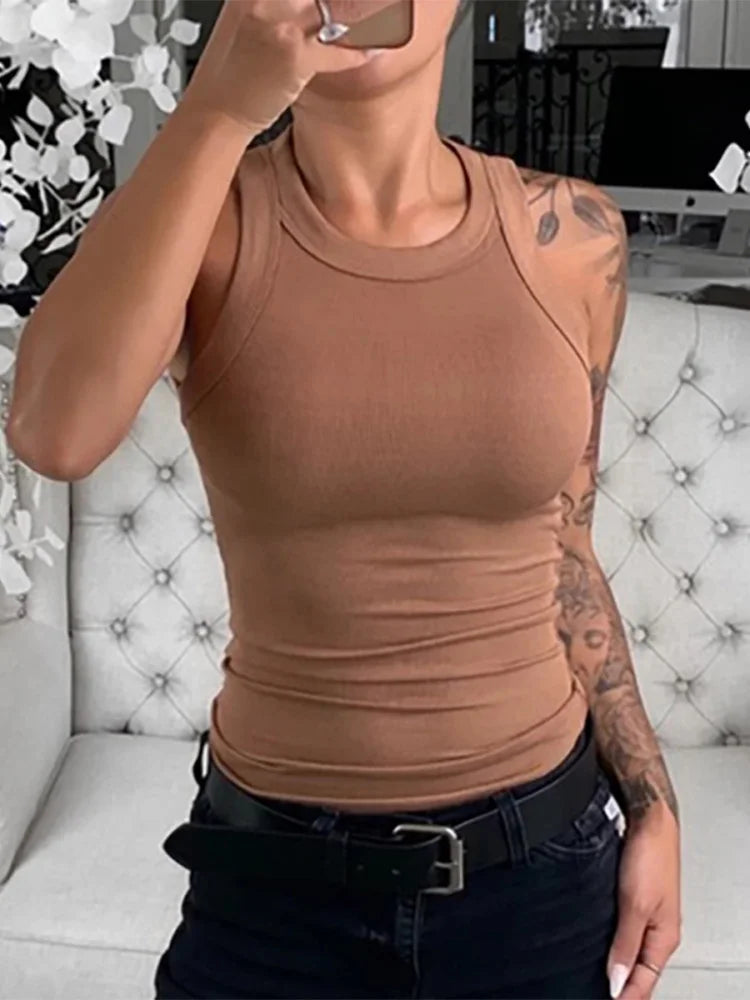 Dozw Women Solid Round Neck Ribbed Tank Top Camisole Women Summer Basic Elastic Tank Top O Neck Solid Tank Top in brown knit