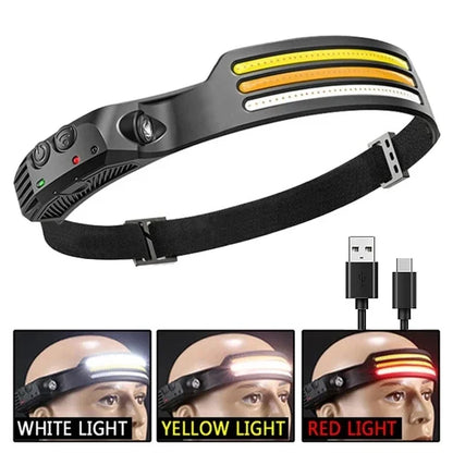 LED COB Induction Headlamp USB Rechargeable Waterproof 5 Modes White-Red-Yellow