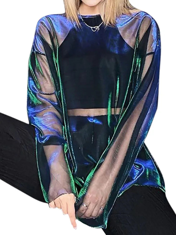 Sheer Mesh Long Sleeve O Neck Tee Y2K EGirl Sexy Loose Fit