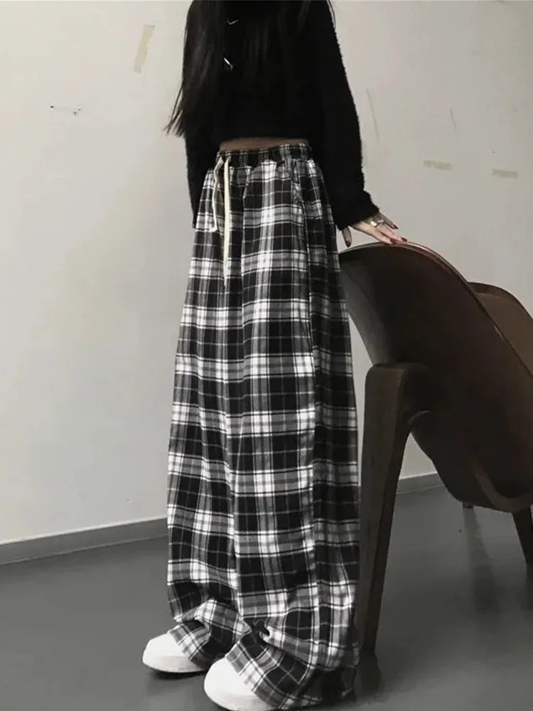 Plaid Black White Wide Leg Pants For Women Retro Streetwear