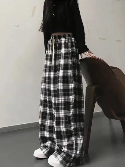 Plaid Black White Wide Leg Pants For Women Retro Streetwear