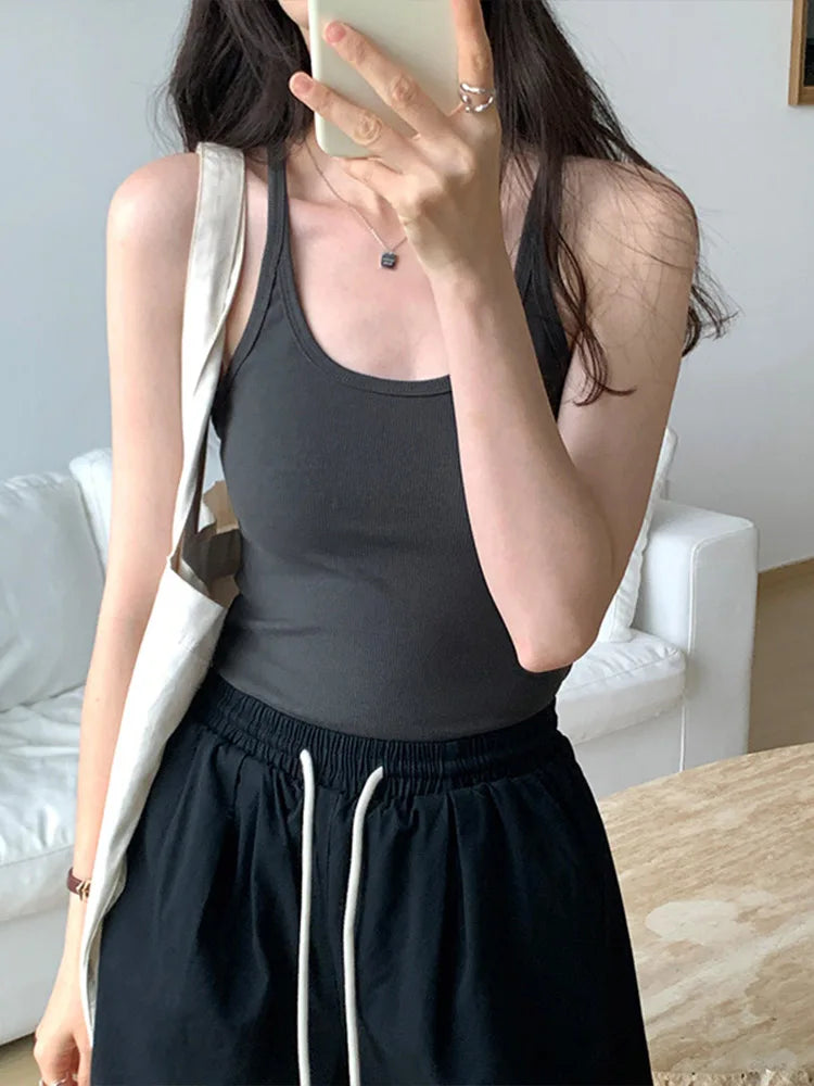 Summer Solid Slim Knit Tank Top For Women Casual Cotton