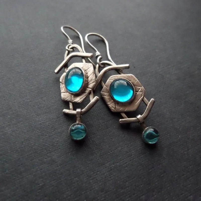 Asymmetric Bronze Red Blue Stone Drop Earrings for Women - Ethnic Statement Jewelry Gift