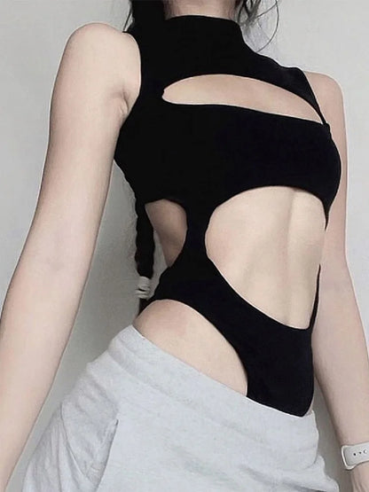 Gothic Techwear Hollow Out Sleeveless Bodysuit Women