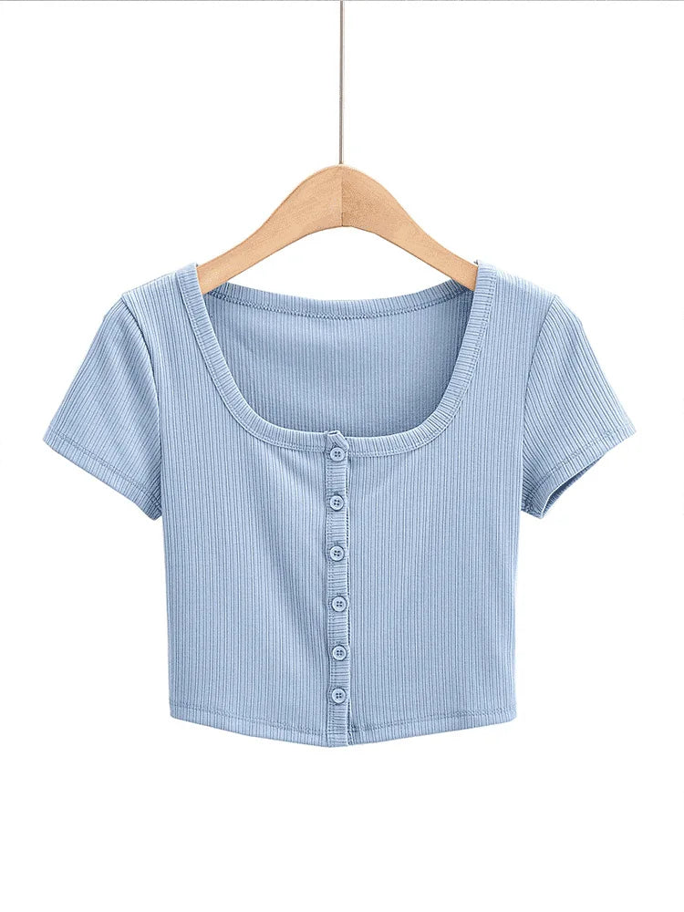 Women Ribbed Button Through Short Sleeve Slim Jersey Top