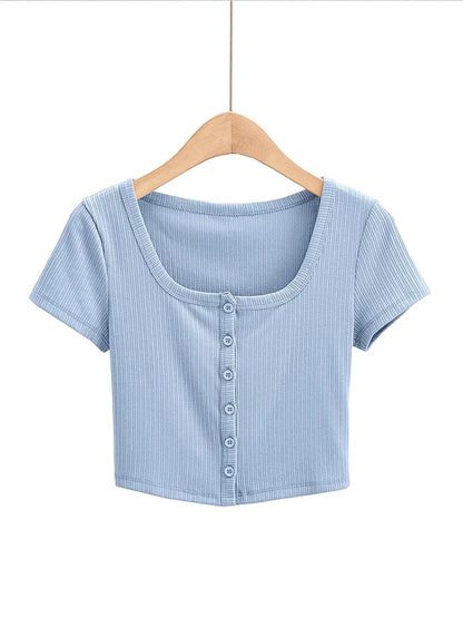 Women Ribbed Button Through Short Sleeve Slim Jersey Top
