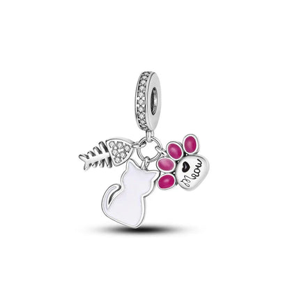 Sterling Silver Paw Print and Bone Charm Bead for Pet Bracelet Jewelry B3411