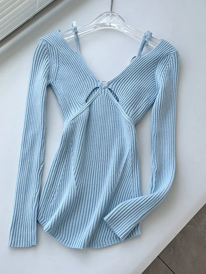 Pink Suspender V Neck Knit Sweater For Women 2025 Slim