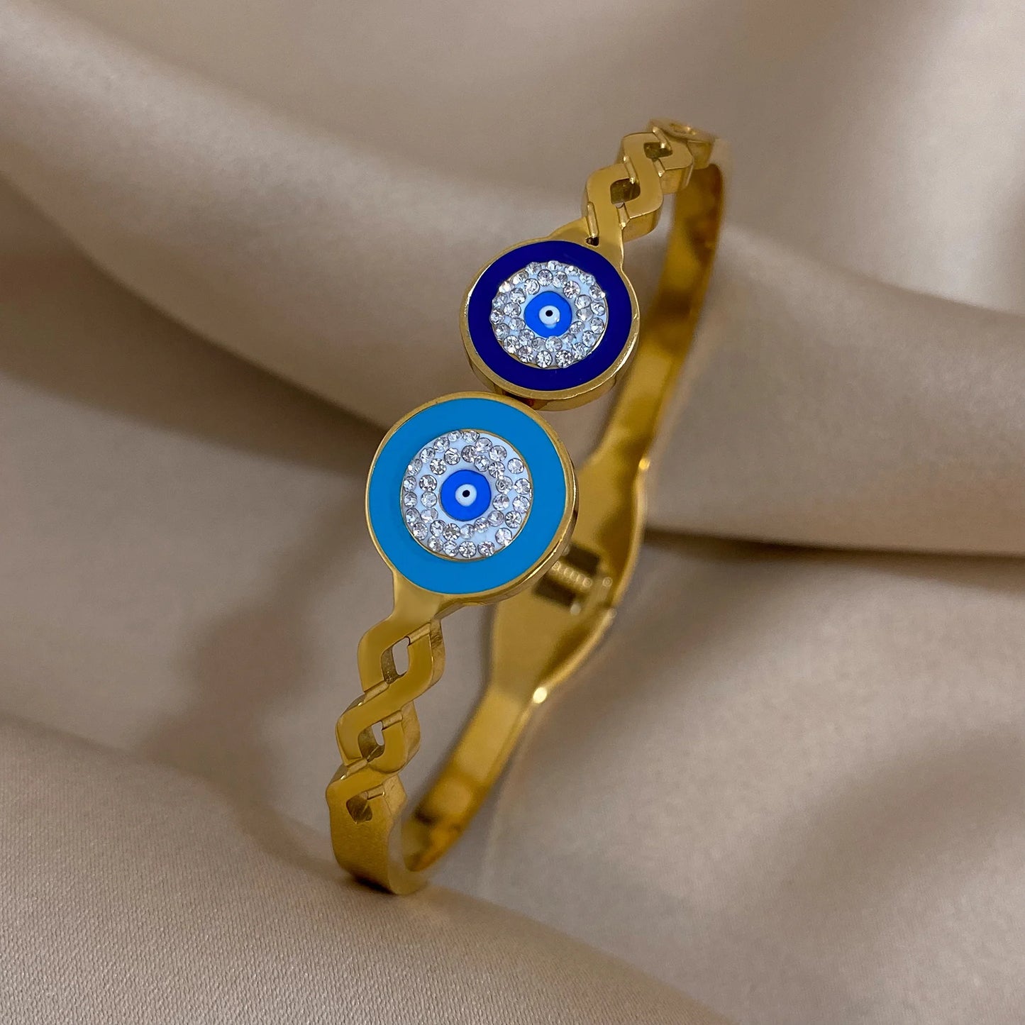 Flashbuy Boho Evil Eye Stainless Steel Bangles for Women with Enamel Rhinestones Gold Plated Waterproof Fashion Jewelry Gift