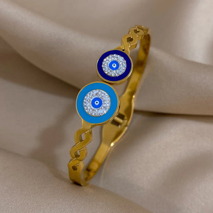 Flashbuy Boho Evil Eye Stainless Steel Bangles for Women with Enamel Rhinestones Gold Plated Waterproof Fashion Jewelry Gift