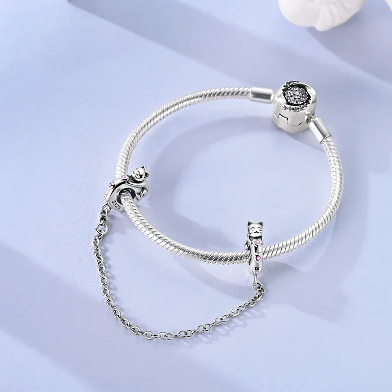 Sterling Silver Cat and Flower Heart Charm for DIY Bracelet Jewelry KTC1682