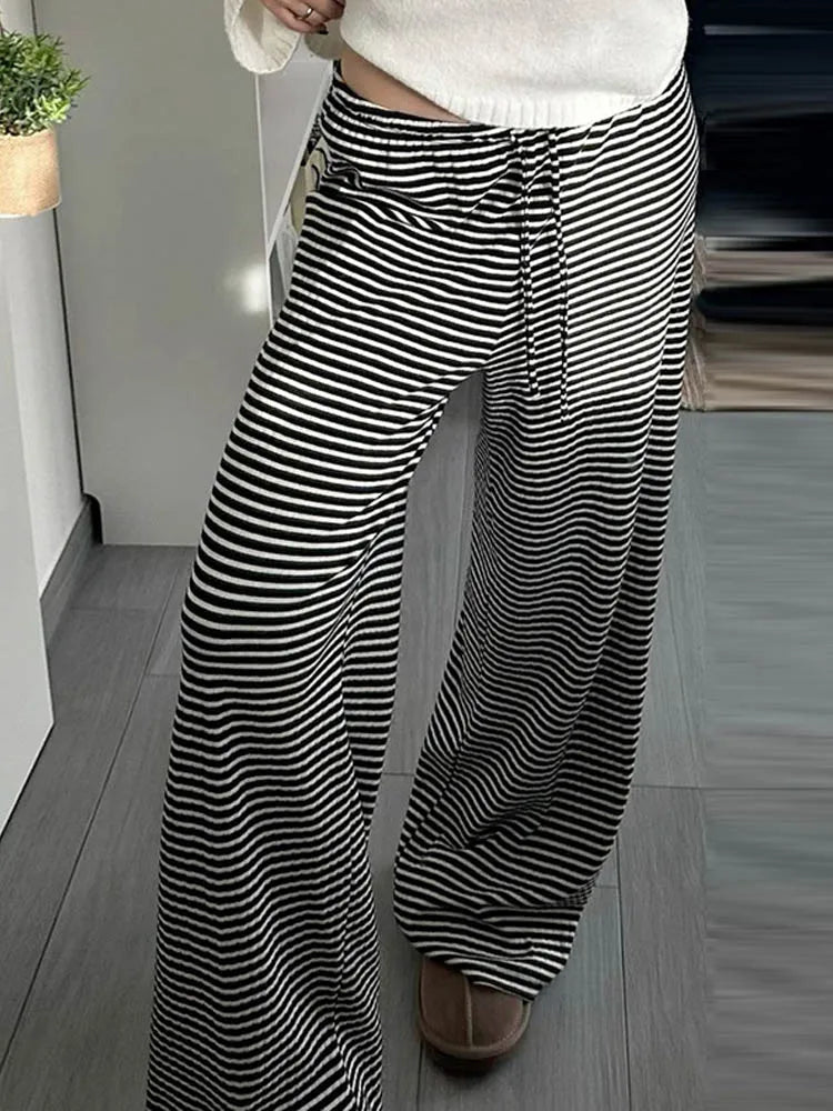 Womens Stripe Drawstring Low Waist Sweatpants Baggy Summer