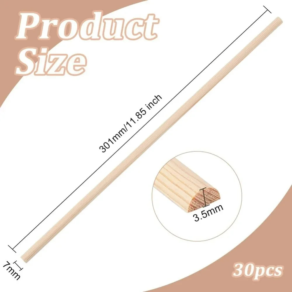Natural Half Round Wood Sticks 30 Pack - Unfinished 11.8 Inch Wooden Dowels for Crafting and DIY Projects