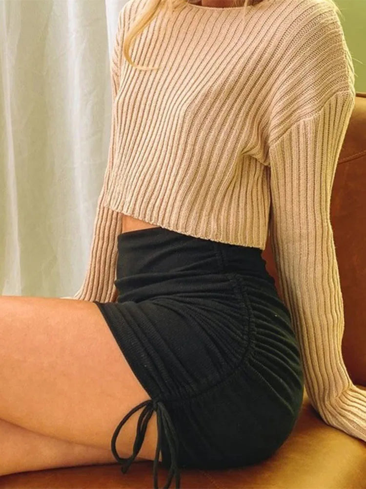 Harajuku Knit Skirt With Drawstring Elastic Waist Women