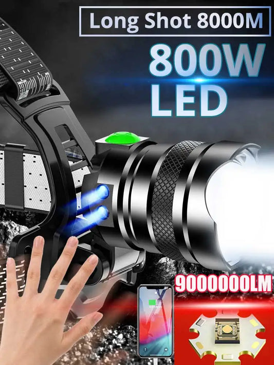 1000000LM 800W LED Powerful Headlamp USB Rechargeable Head Flashlight XHP360