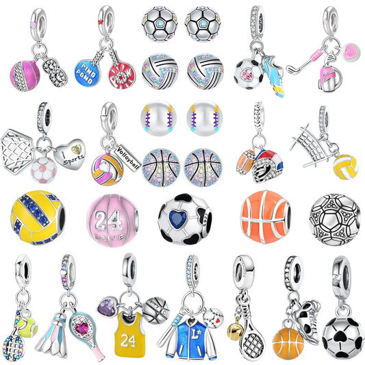 Original 925 Sterling Silver Sports Ball Charms Earrings Beads Pendants for Bracelet Necklace Jewelry Gift