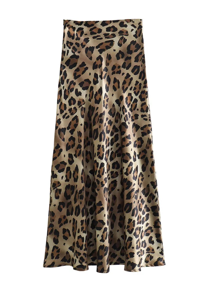 Leopard Print Satin Midi Skirt High Waist For Women Summer