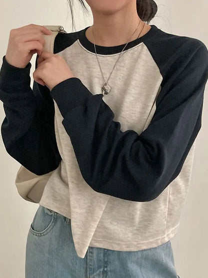 Korean Style Women Cotton Patchwork Long Sleeve Top