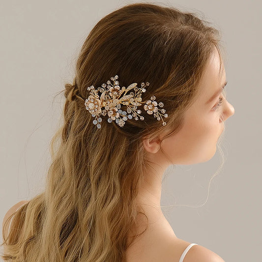 Vintage Golden Floral Hairpin With Frosted Crystal Pearls For Bridal Elegance