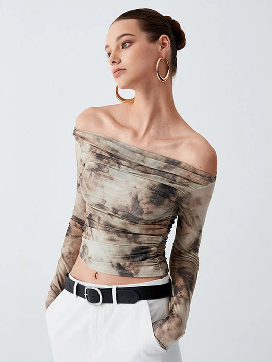 2024 Spring Mesh Backless Slash Collar Long Sleeve Top