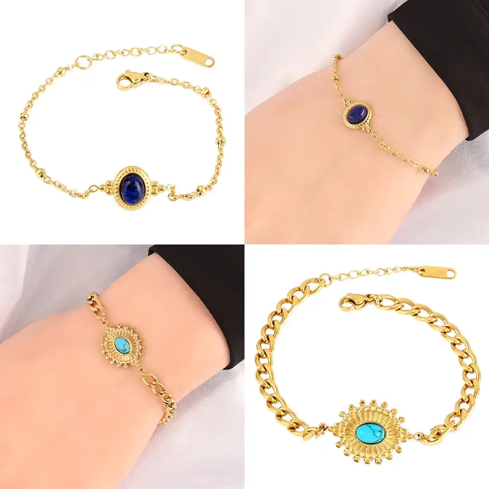 Vintage Stainless Steel Bracelet for Women with Turquoise Pendant