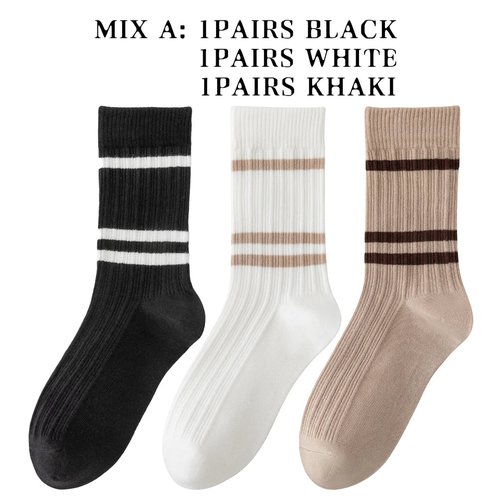 3 Pairs Soft Combed Cotton Crew Socks Women Stripes