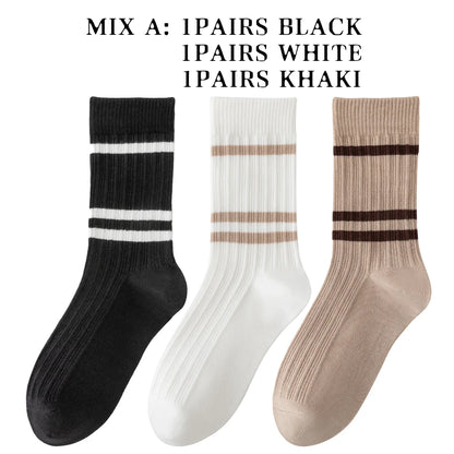 3 Pairs Soft Combed Cotton Crew Socks Women Stripes