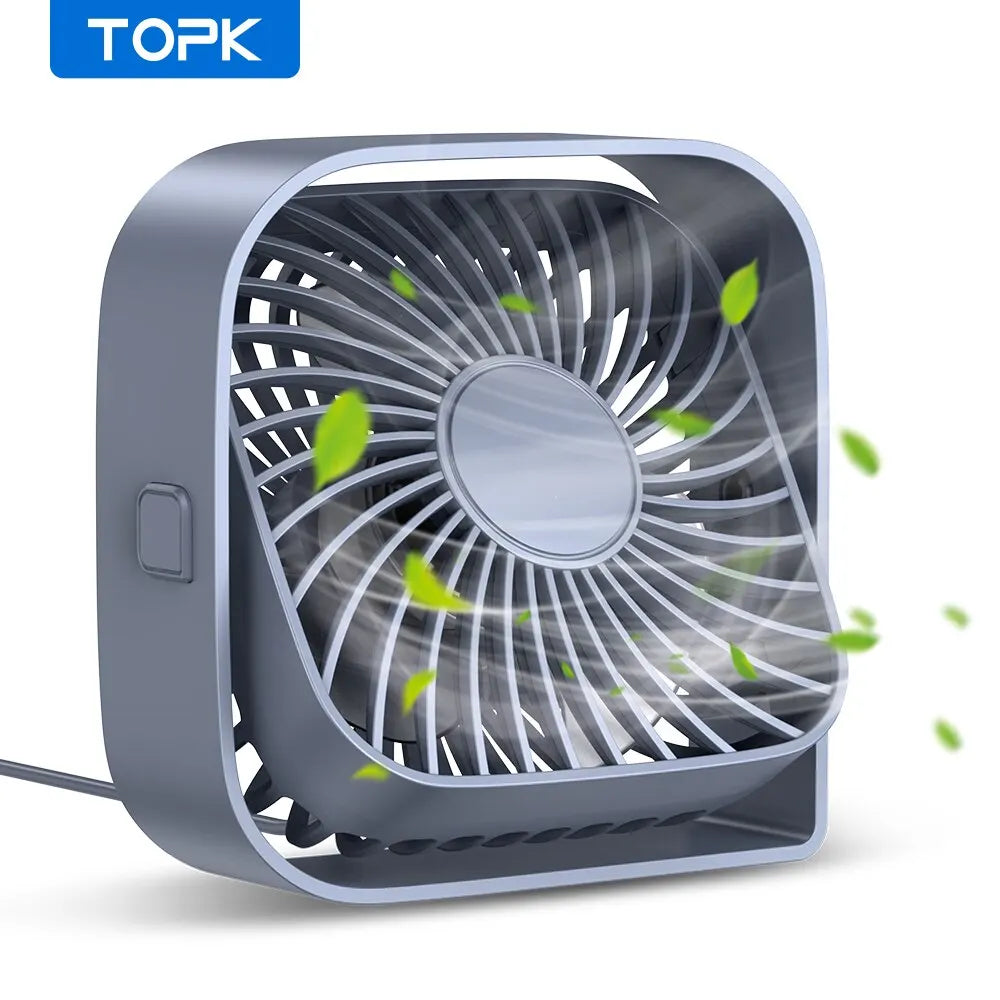 TOPK Mini Portable Fan, USB Desk Fan Table, Quiet 3 Speed Wind Personal Fan 360° Rotatable Head Grey