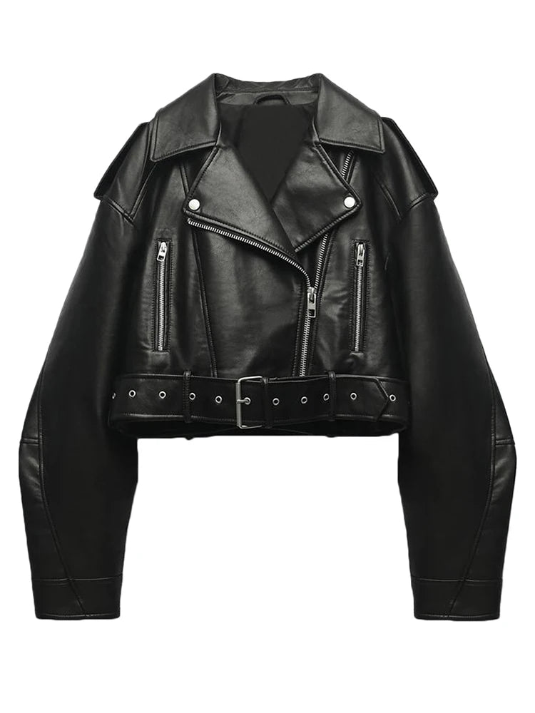 Women Vintage Faux Leather Moto Jacket With Belt Detail
