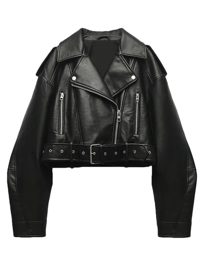 Women Vintage Faux Leather Moto Jacket With Belt Detail