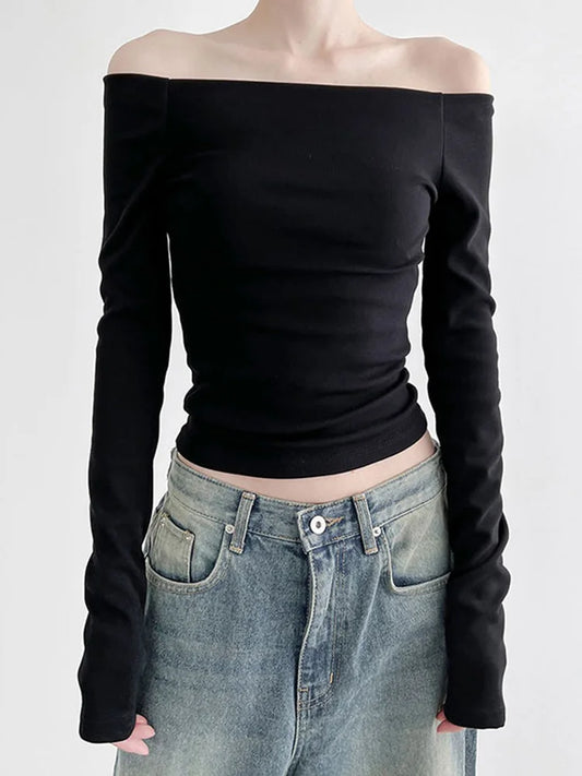 Korean Black Slash Neck Slim Cropped Long Sleeve Top