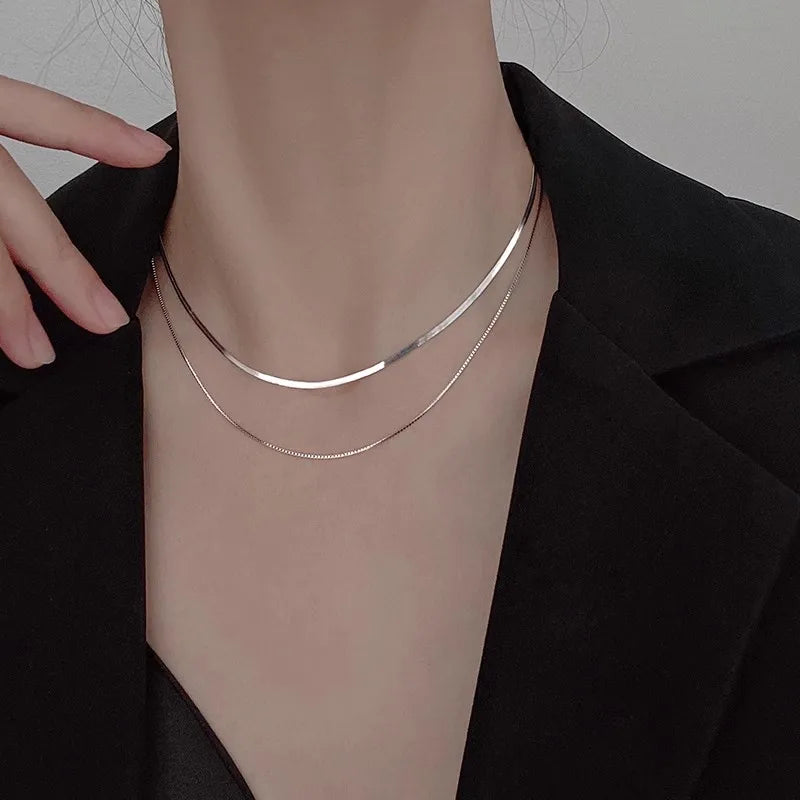 S925 Silver Double Layer Snake Chain Necklace Unique Hip Hop Clavicle Jewelry for Women