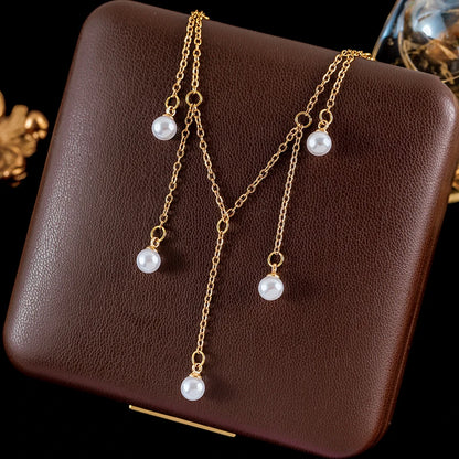 Ganemly Elegant 316L Stainless Steel Double Layer Pearl Necklace for Women 18K Gold Plated Waterproof Fashion Jewelry