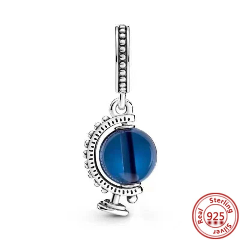 Sterling Silver Blue Zircon Feather Crown Moon Pendant Charm Bracelet Beads Y598 3mm-4mm