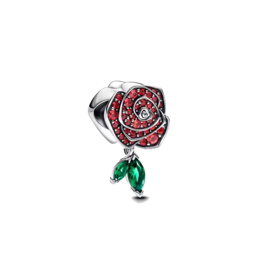 European 925 Sterling Silver Clover Pendant with Pink Zircon for Mother and Daughter DIY Charm Bead Jewelry
