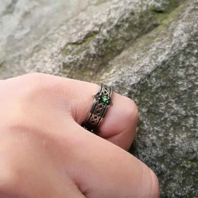 Vintage Green Gemstone Celtic Knot Adjustable Ring for Men and Women
