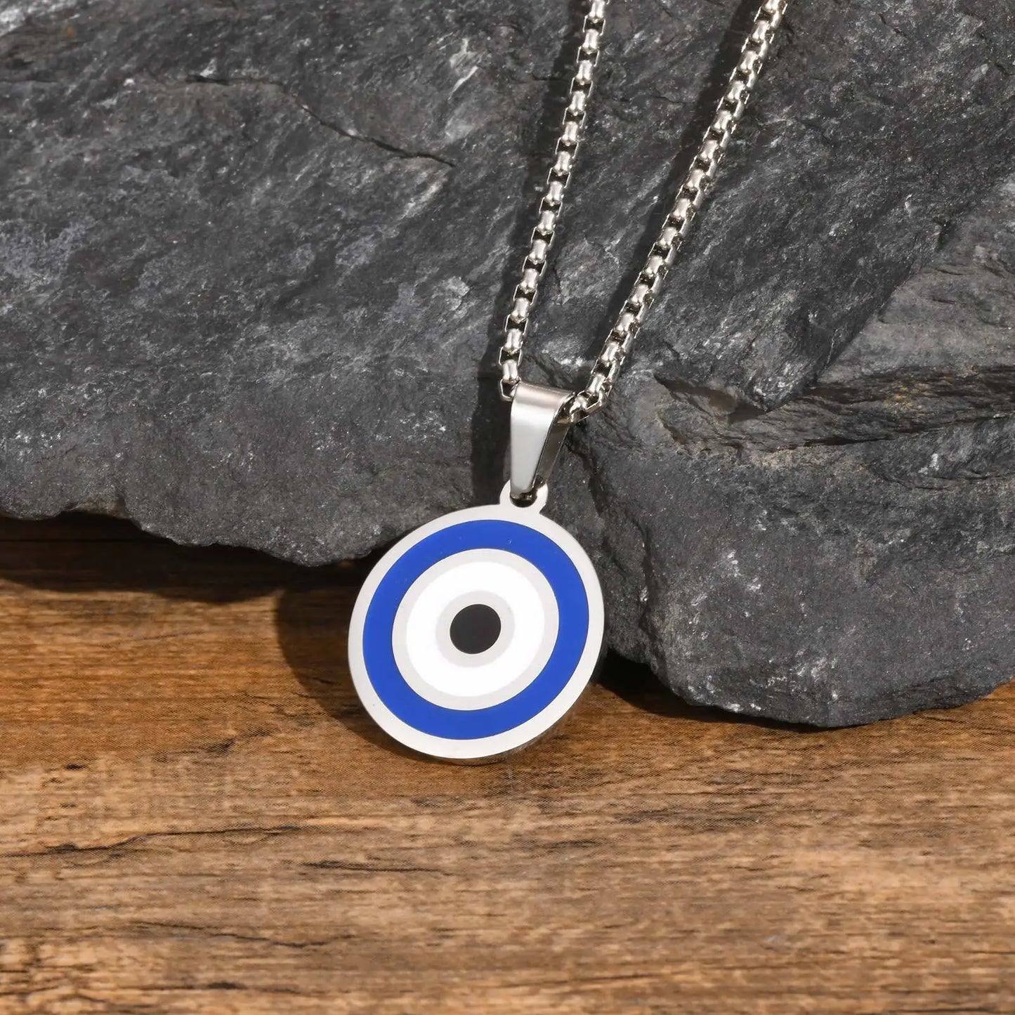 Men's Stainless Steel Evil Eye Necklace with Turkish Charm and Box Rope Chain