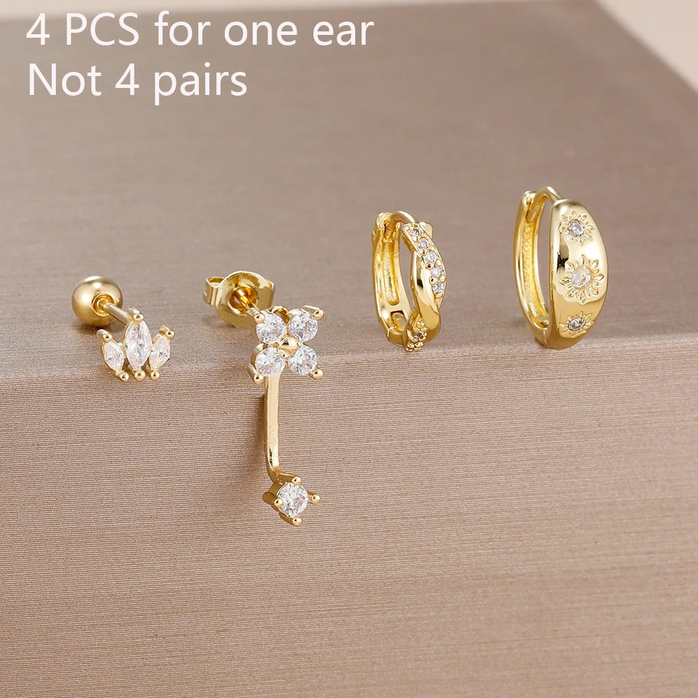 4PCS Fashion Stainless Steel Zirconia Star Huggie Hoop Earrings Set with Flower Studs for Women