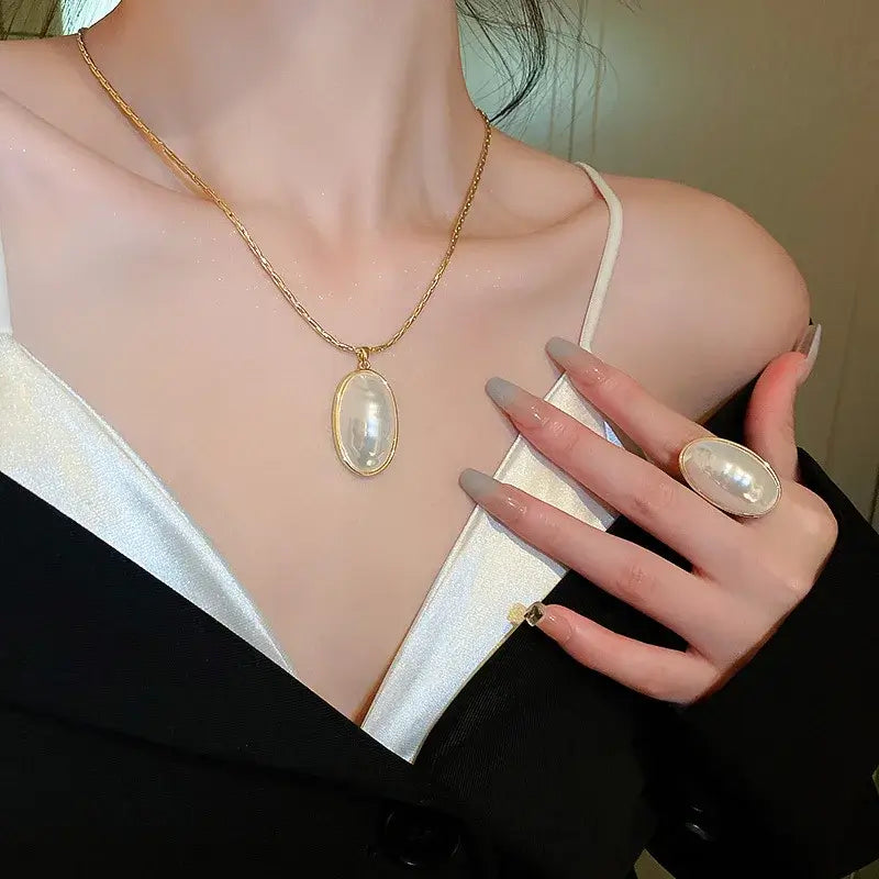 Oval Pearl Necklace and Earrings Set for Women Wedding Jewelry