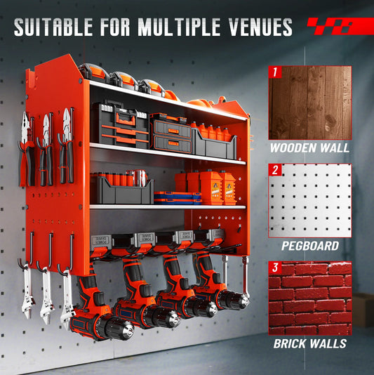 Heavy Duty Wall Mounted Power Tool Organizer with Battery Rack Pegboard and Multi Hooks