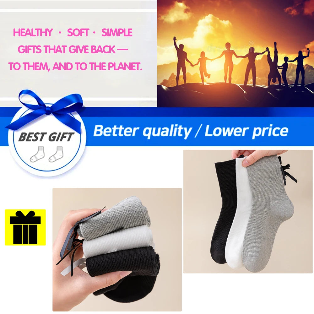 3 Pairs Black White Ballet Bow Crew Breathable Socks