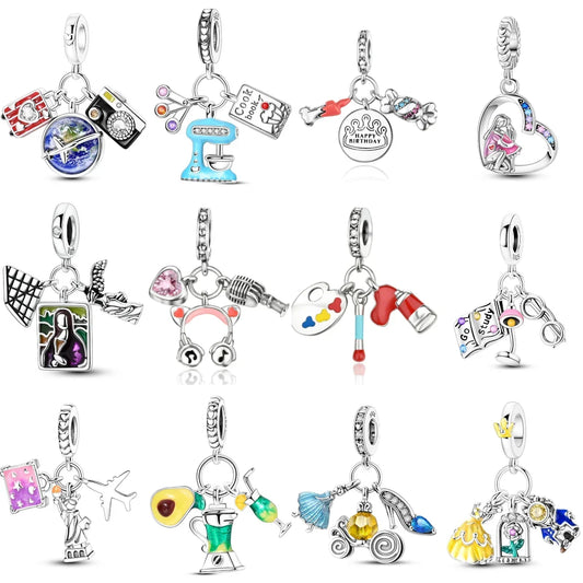 925 Sterling Silver Colorful Airplane Boat Camera Juice Charms Beads for DIY Necklace and Bracelet Jewelry Gifts