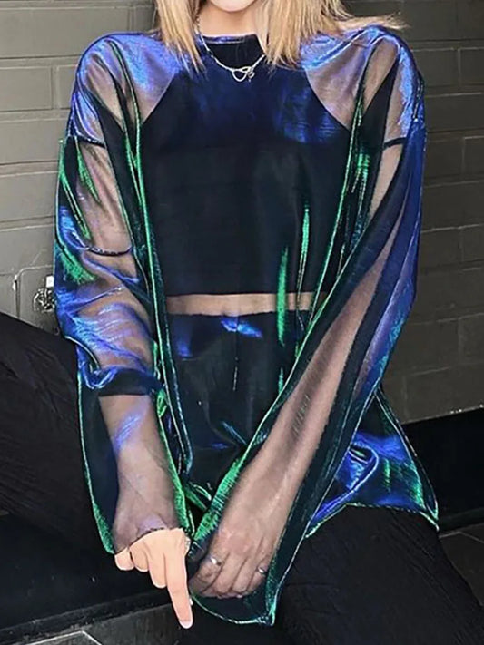 Sheer Mesh Long Sleeve O Neck Tee Y2K EGirl Sexy Loose Fit