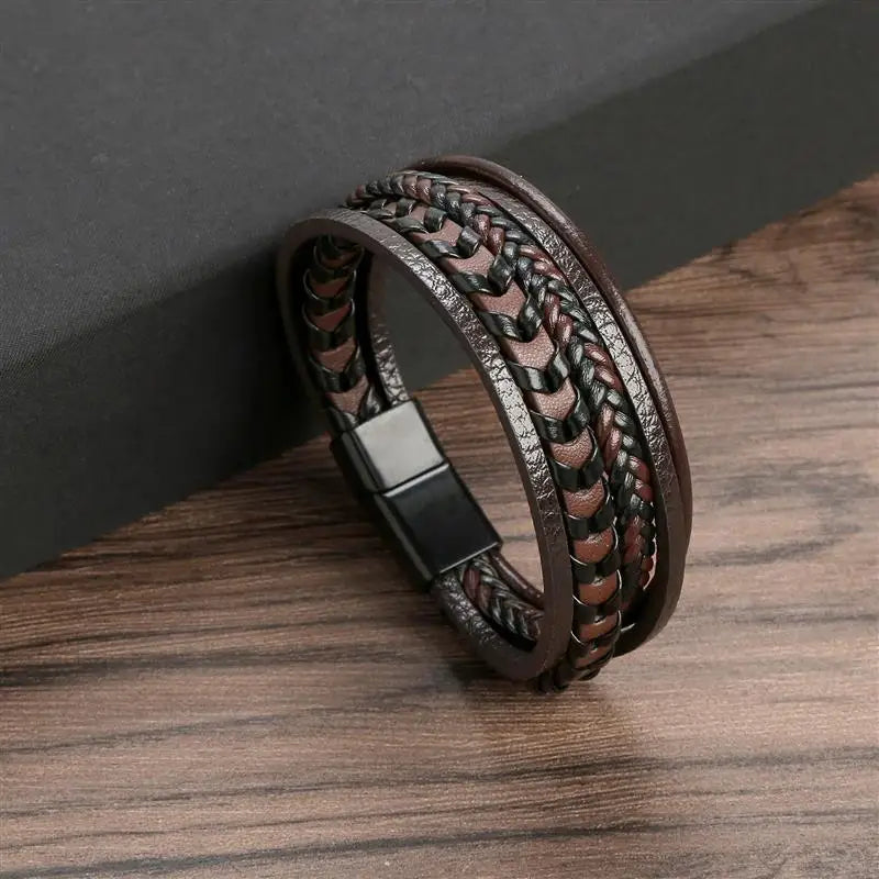 Men's Leather Bracelet with Stainless Steel Tree of Life Charm - Stylish Multi-Layer Fashion Accessory