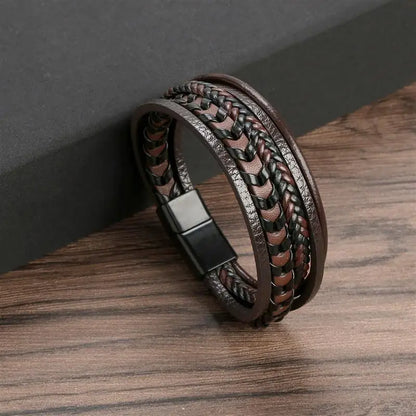 Men's Leather Bracelet with Stainless Steel Tree of Life Charm - Stylish Multi-Layer Fashion Accessory