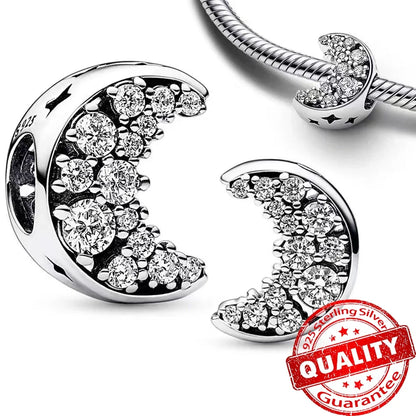 925 Sterling Silver Charms Set Moon Stars Sun Flower Heart Zircon Beads for DIY Jewelry and Gifts